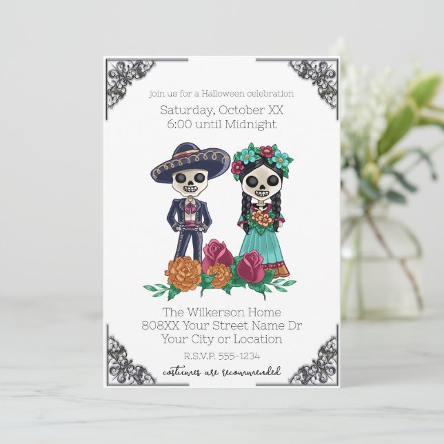 Invitación Fiesta de Halloween de esqueletos del Día de los M (Anverso de pie)