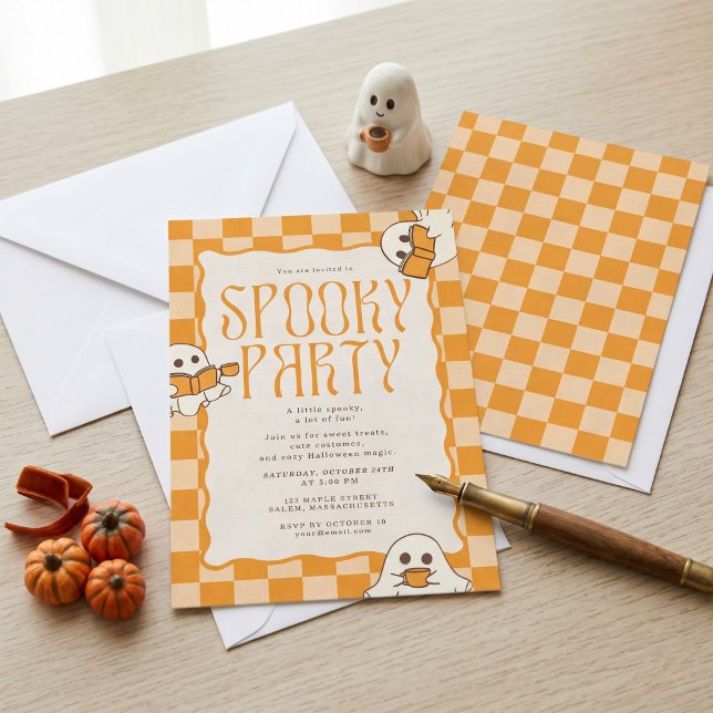 Invitación Fiesta de Halloween de Fantasma Retro Espeluznante (Retro Spooky Cute Ghost Halloween Party Invitation)