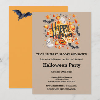 Invitación Fiesta de Halloween de fantasmas murciélagos maíz
