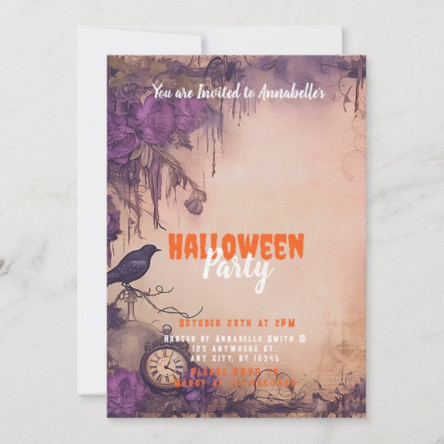 Invitación Fiesta de Halloween de Flores Moradas Antiguas Páj (Anverso)