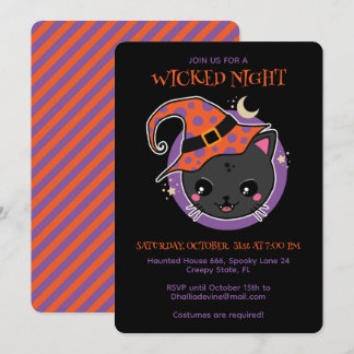 Invitación Fiesta de Halloween de Gato Bruja Kawaii