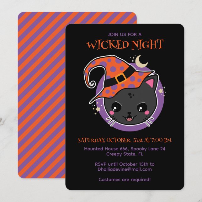 Invitación Fiesta de Halloween de Gato Bruja Kawaii (Anverso / Reverso)