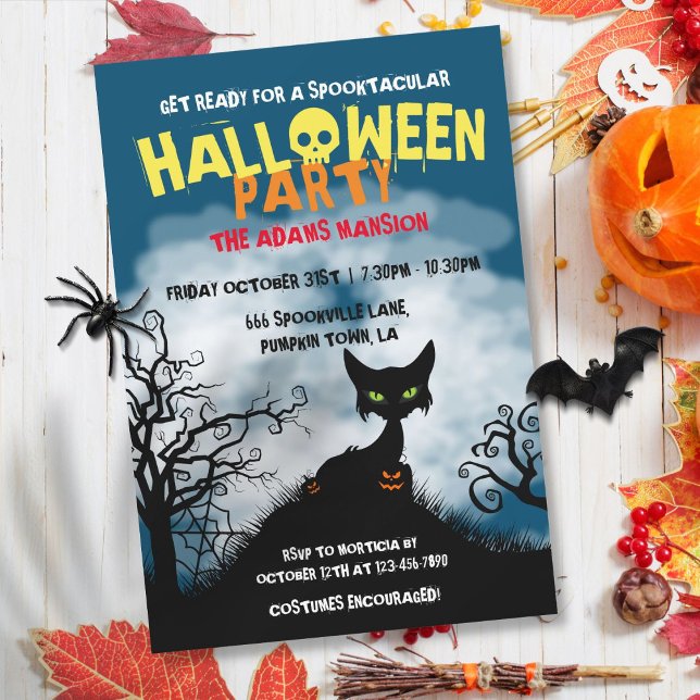 Invitación Fiesta de Halloween de Gato Espeluznante (Spooky Cat Halloween Party Invitation)
