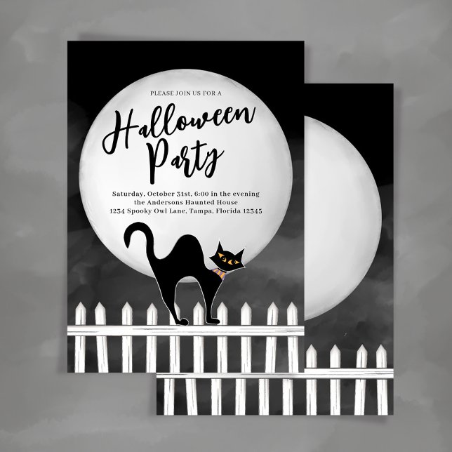 Invitación Fiesta de Halloween de Gato Negro Espeluznante Per (Spooky black cat Halloween Party Invitations.)