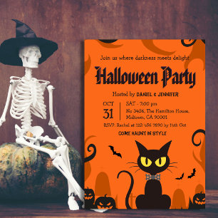 Invitación Fiesta de Halloween de Gato Negro Fantasma Calabaz