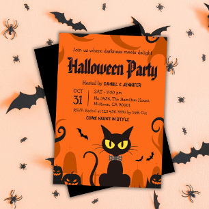Invitación Fiesta de Halloween de Gato Negro Fantasma Calabaz