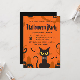 Invitación Fiesta de Halloween de Gato Negro Fantasma Calabaz