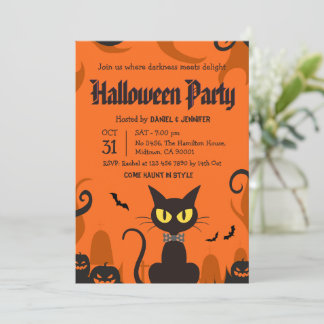 Invitación Fiesta de Halloween de Gato Negro Fantasma Calabaz