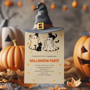 Invitación Fiesta de Halloween de Gato Negro y Fantasma Cuida