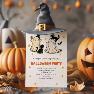 Invitación Fiesta de Halloween de Gato Negro y Fantasma Cuida