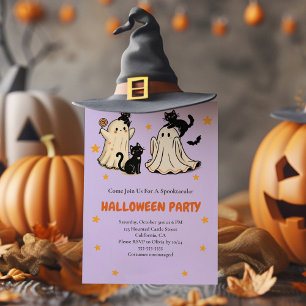 Invitación Fiesta de Halloween de Gato Negro y Fantasma Cuida