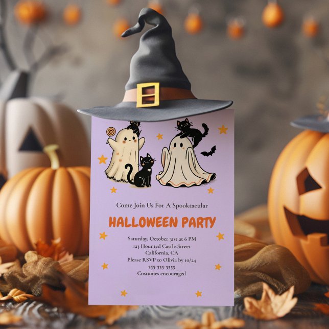 Invitación Fiesta de Halloween de Gato Negro y Fantasma Cuida (Cute Ghost and Black Cat Halloween Party Invitation with funny halloween decoration and a witch hat)