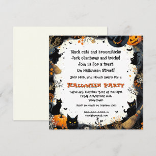 Invitación Fiesta de Halloween de Gatos Negros y Escobas