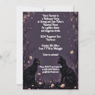 Invitación Fiesta de Halloween de gatos y flores negros