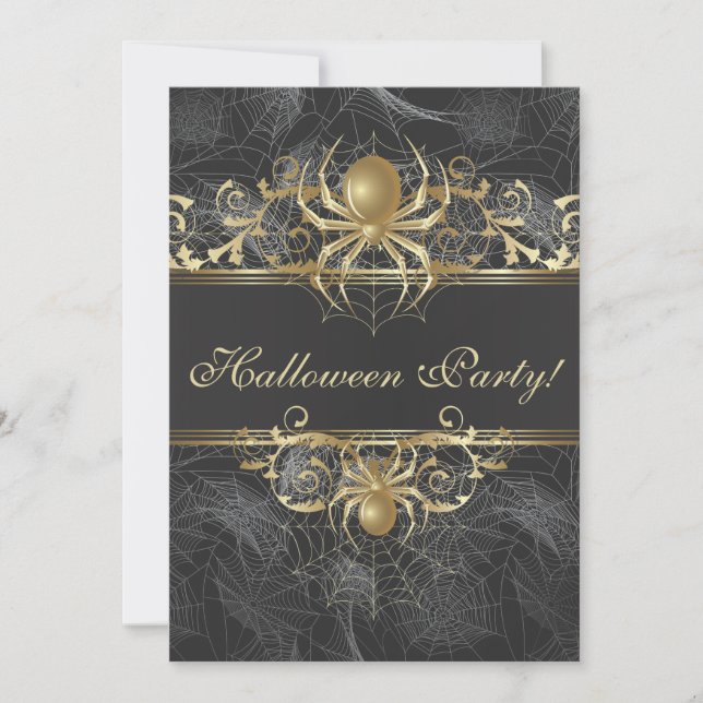 Invitación Fiesta de Halloween de Gold Spiders - Boda de Hall (Anverso)