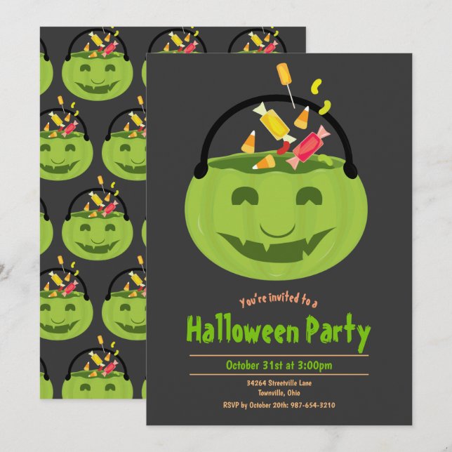 Invitación Fiesta de Halloween de Green Ghoul Pail Candy Kid (Anverso / Reverso)