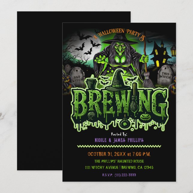 Invitación Fiesta de Halloween de Green Witch Graveyard Brewi (Anverso / Reverso)