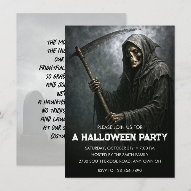 Invitación Fiesta de Halloween de Grim Reaper (Anverso / Reverso)