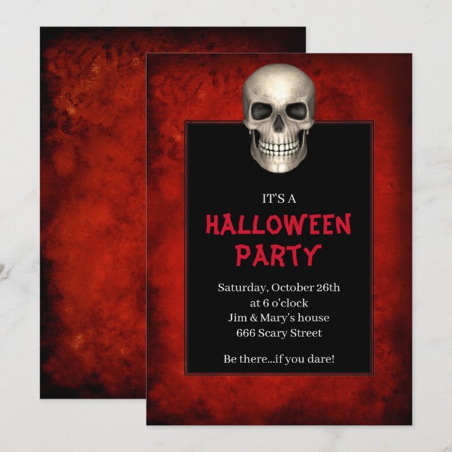 Invitación Fiesta de Halloween de Grunge Rojo de Calavera Gót (Anverso / Reverso)