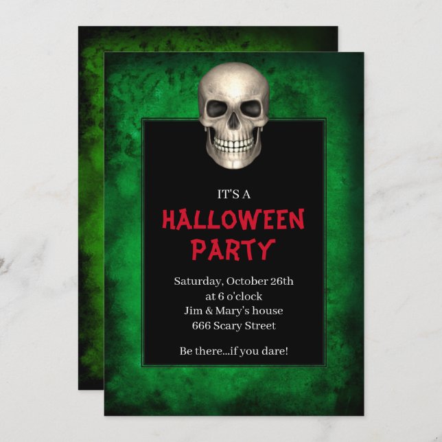 Invitación Fiesta de Halloween de Grunge Verde con cráneo gót (Anverso / Reverso)
