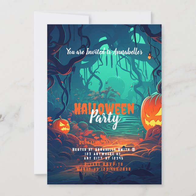 Invitación Fiesta de Halloween de Jack-O' Lanterns en el Bosq (Anverso)