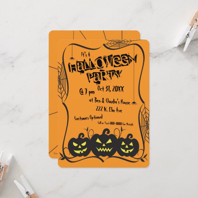 Invitación Fiesta de Halloween de Jack O' Lanterns & Spiders (Anverso/Reverso In Situ)