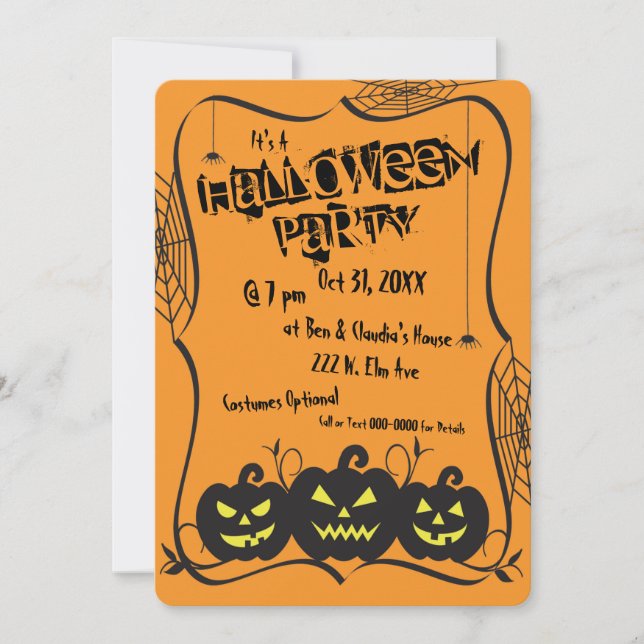 Invitación Fiesta de Halloween de Jack O' Lanterns y Arañas (Anverso)