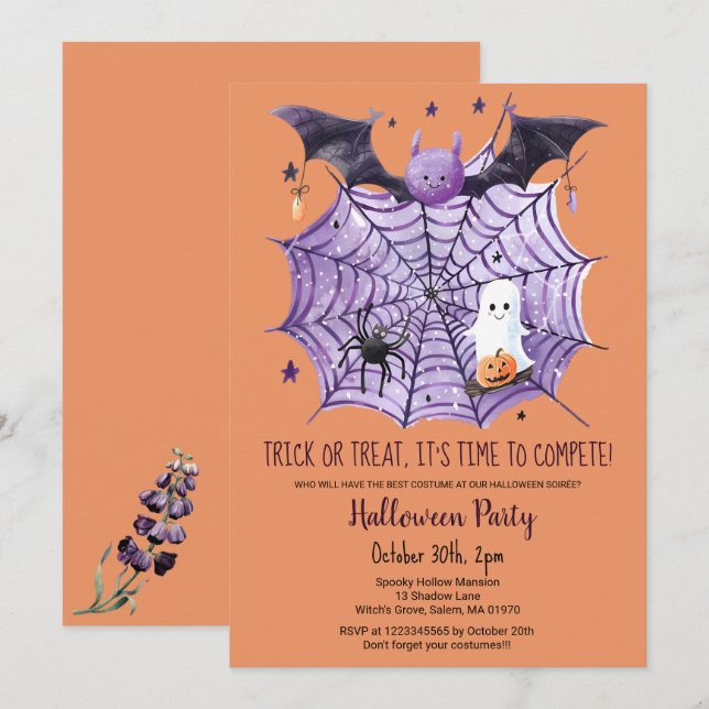 Invitación Fiesta de Halloween de la Bat Spider de la Calabaz (Anverso / Reverso)