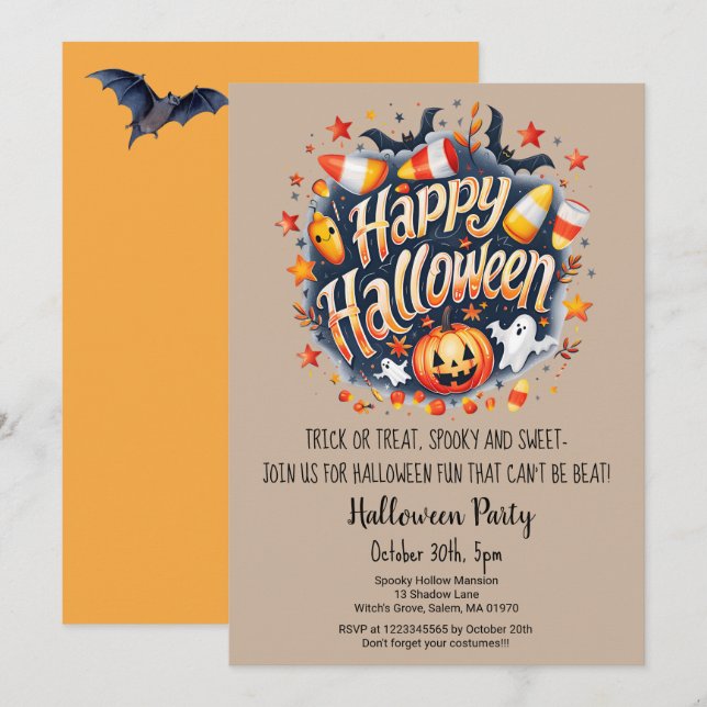 Invitación Fiesta de Halloween de la Calabaza de Ghost Bats T (Anverso / Reverso)