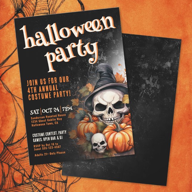 Invitación Fiesta de Halloween de la Calavera de Calabaza (Pumpkin Skull Halloween Party Invitation)