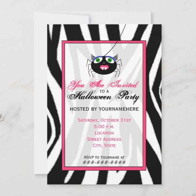 Invitación Fiesta de Halloween de la Chica rosa y la imprenta (Anverso)