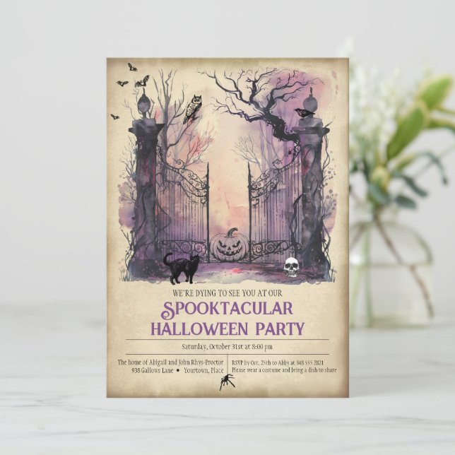 Invitación Fiesta de Halloween de la entrada gótica de acuare (Anverso de pie)
