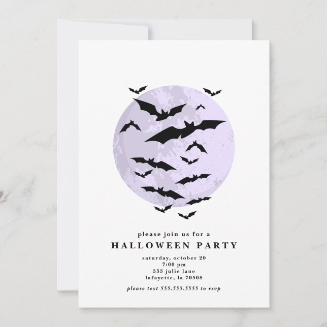 Invitación Fiesta de Halloween de la Luna llena de murciélago (Anverso)
