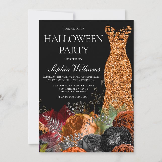Invitación Fiesta de Halloween de la naranja Gown & Floral Fa (Anverso)