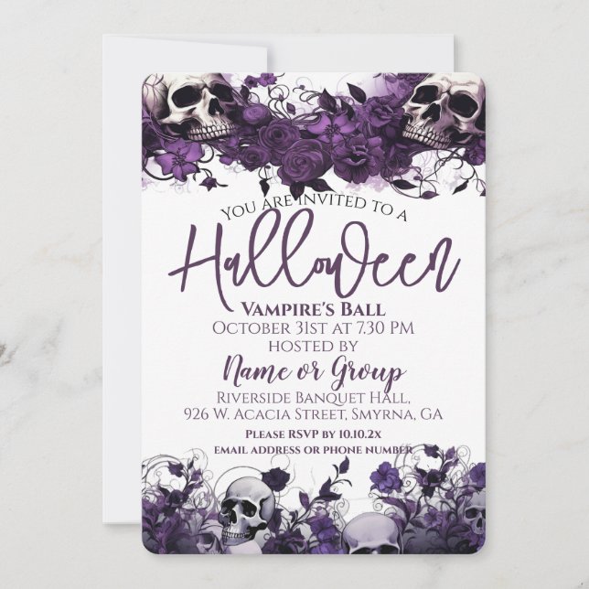 Invitación Fiesta de Halloween de la Purple Floral Skull (Anverso)