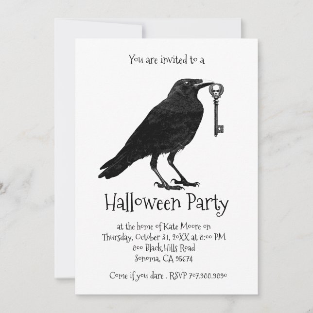 Invitación Fiesta De Halloween De La Raven Gótica Y El Skelet (Anverso)