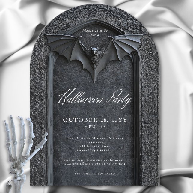 Invitación Fiesta de Halloween de la Tombstone con arcos de m (Gothic Bat Arched Tombstone Halloween Party Invitation)
