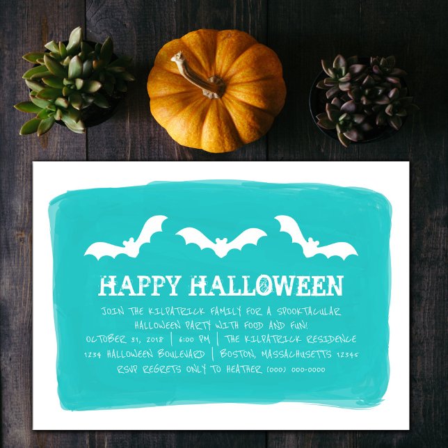 Invitación Fiesta de Halloween de la verde azulada acuarela b (Teal and White Watercolor Bats Halloween Party Invite)