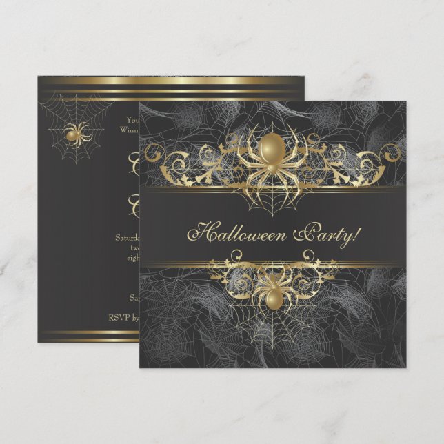 Invitación Fiesta de Halloween de las arañas de oro (Anverso / Reverso)