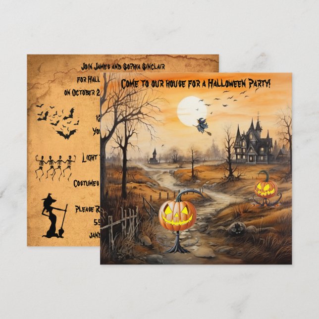 Invitación Fiesta de Halloween de las calabazas espeluznantes (Anverso / Reverso)