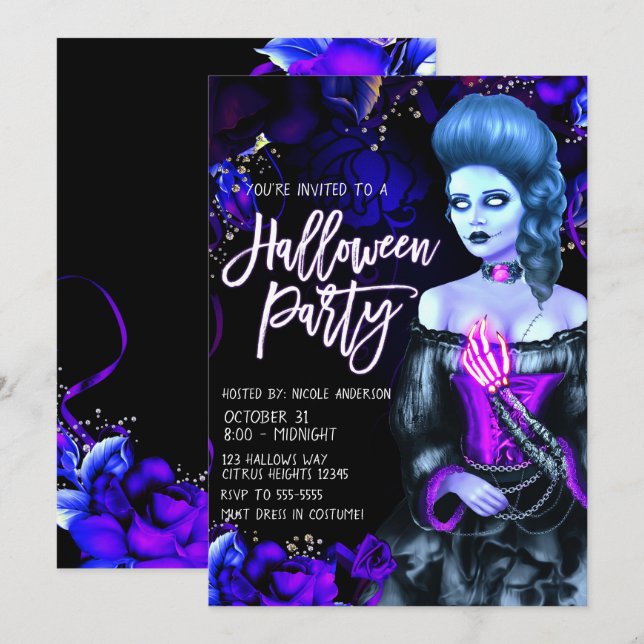 Invitación Fiesta de Halloween de las Rosas Purpúreas de la C (Anverso / Reverso)
