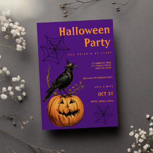 Invitación Fiesta de Halloween de linterna de jack pájaro púr