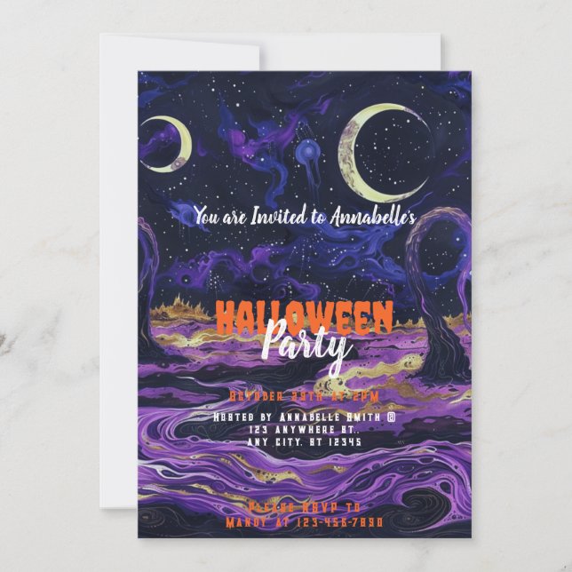Invitación Fiesta de Halloween de Luna Creciente con Cielo Az (Anverso)