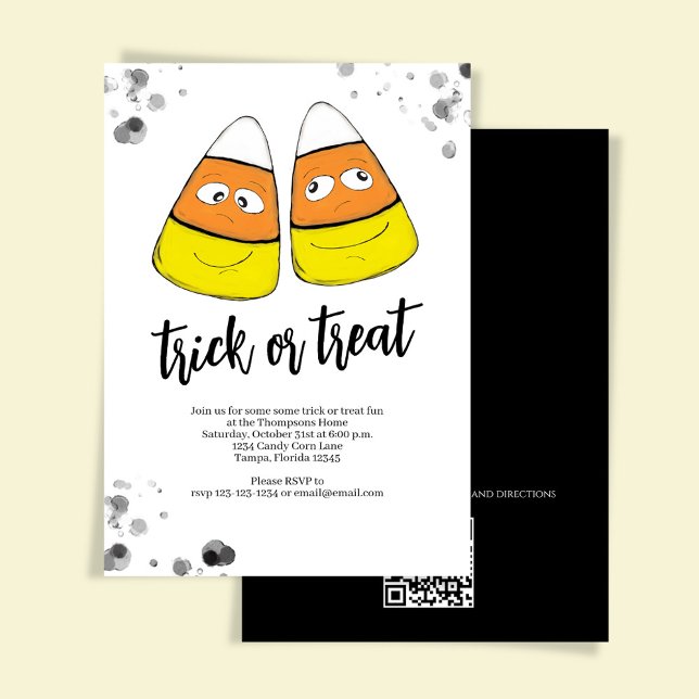 Invitación Fiesta de Halloween de maíz dulce y truco naranja (Trick or treat Halloween party invitation with cute candy corn, )