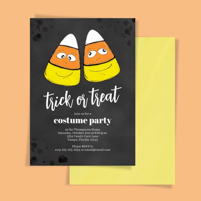 Invitación Fiesta de Halloween de maíz dulce y truco naranja (Cute Halloween costume party invitation with whimsical candy corn.)