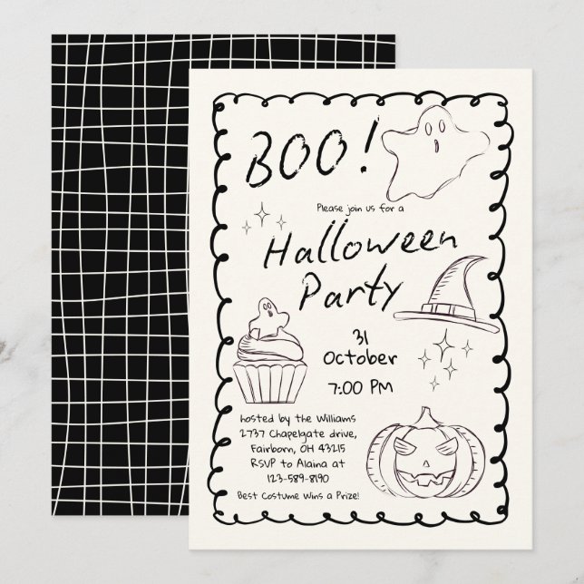 Invitación Fiesta de Halloween de moda negra y blanca (Anverso / Reverso)