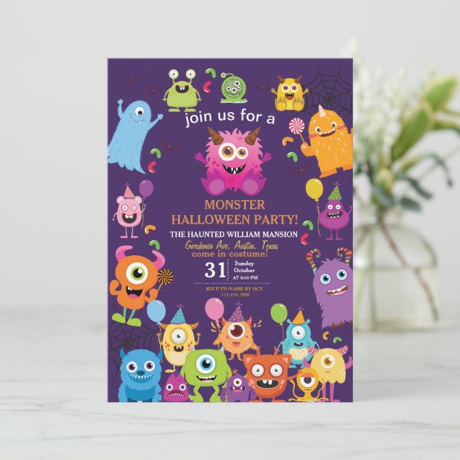 Invitación Fiesta De Halloween De Monstruo De Disfraces Para  (Anverso de pie)