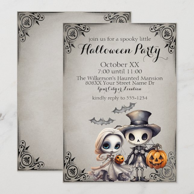 Invitación Fiesta de Halloween de muñeca fantasma y esqueleto (Anverso / Reverso)