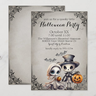 Invitación Fiesta de Halloween de muñeca fantasma y esqueleto