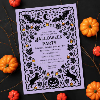 Invitación Fiesta de Halloween de murciélago y gato de arte p